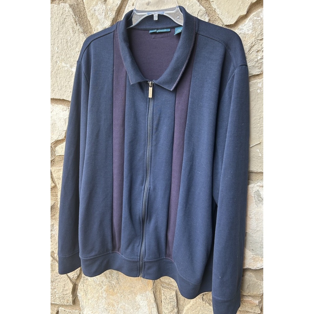 Vintage Perry Ellis Jacket XXL Navy Blue Knit Full Zip Burgundy Trim Excellent